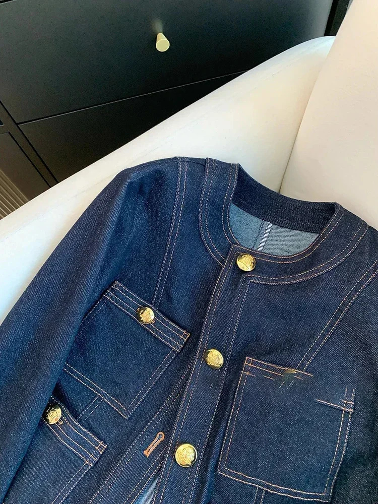Syiwidii Blue Denim Jacket Women Autumn Classic Style Short Coat Korean Fashion Pockets O-Neck Female Loose Jackets 240824