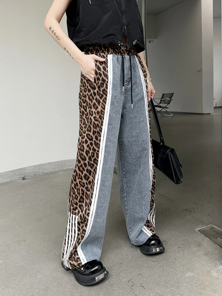 Vintage Street Leopard Print Wide Leg Pants Splicing High Waist Jeans Women Summer Loose Elastic Casual Trousers Streetwear 240823