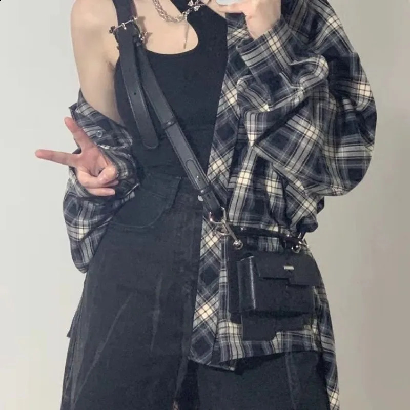 Deeptown Y2k Long Sleeve Plaid Shirts Vintage Woman Korean Style Blouses Japanese Harajuku Fashion Oversized Outerwears Summer 240823