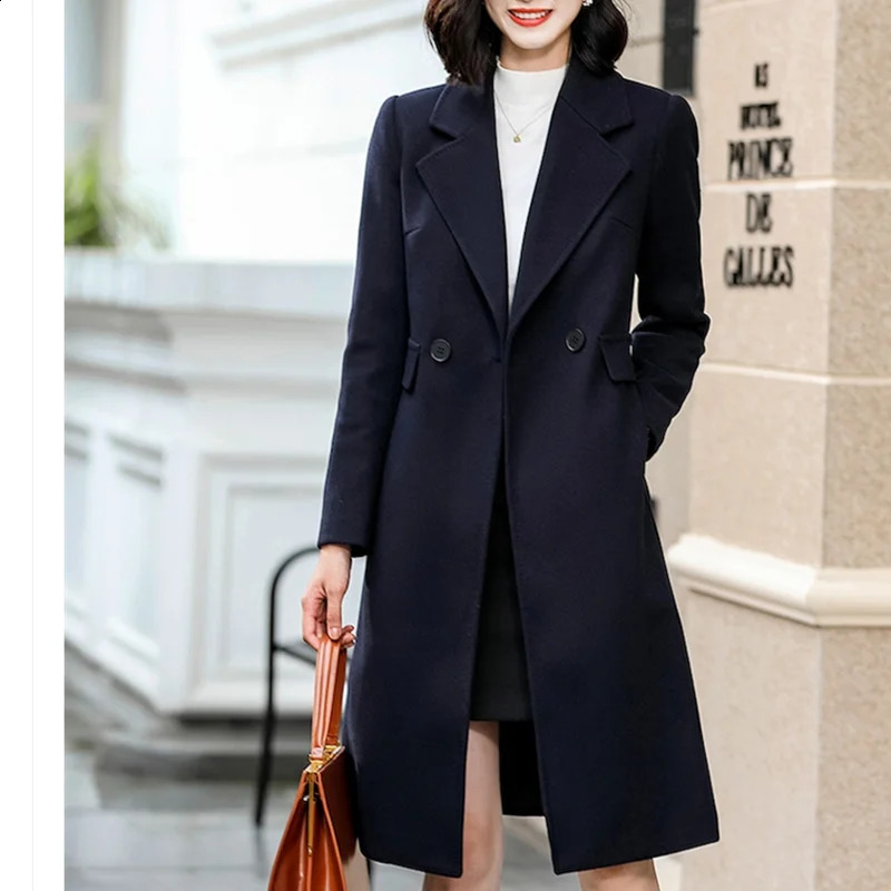 Winter wool blend womens coat with grooved pockets solid streetwear lapel jacket lining medium length womens windproof jacket S-3XL 240824