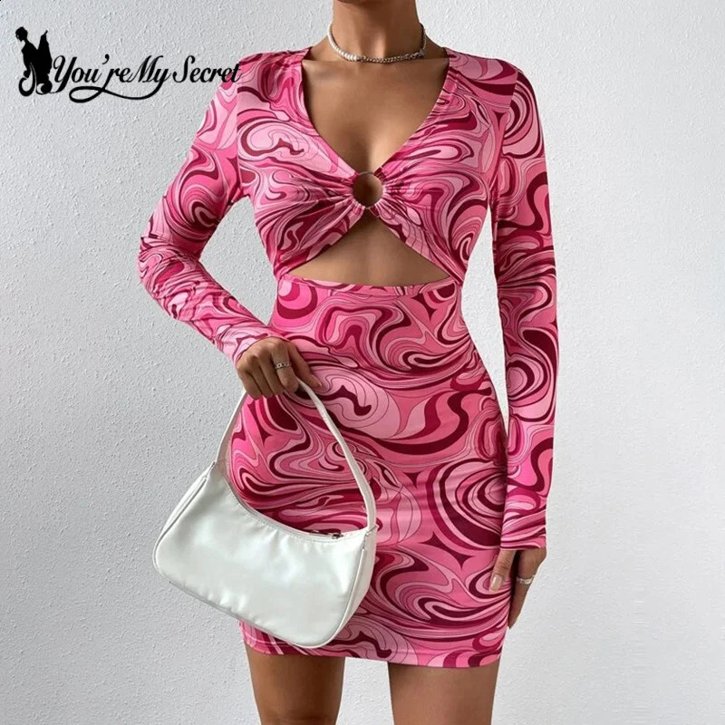 Women Sexy Long Sleeve Leopard Print Hollow Out Slim Cut Out Backless Party Mini Dress Vestidos Summer 240823