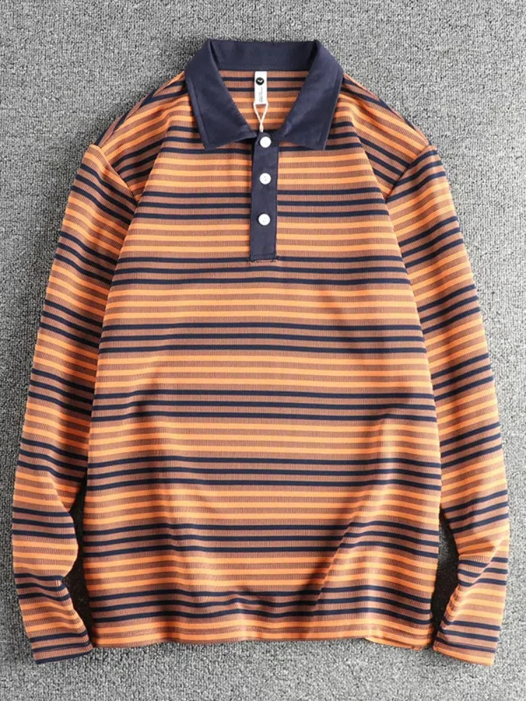 Spring Autumn American Retro Long Sleeve Lapel Knitted Striped Polo Shirt Mens British Fashion Loose Casual T-shirt 240824