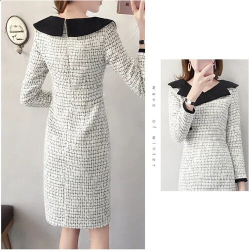 HMA Autumn And Winter Tweed Dress Women Vintage Wool Dresses Ladies Elegant V Neck Long Sleeve Woolen Vestidos 240824