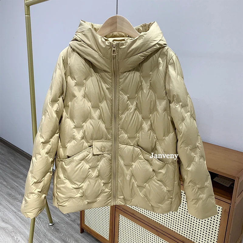 Janveny Winter Hooded Loose Pressure Adhesive Inflatable Jacket for Women Warm Ultra Soft 90% White Duck Down Short Coat 240823
