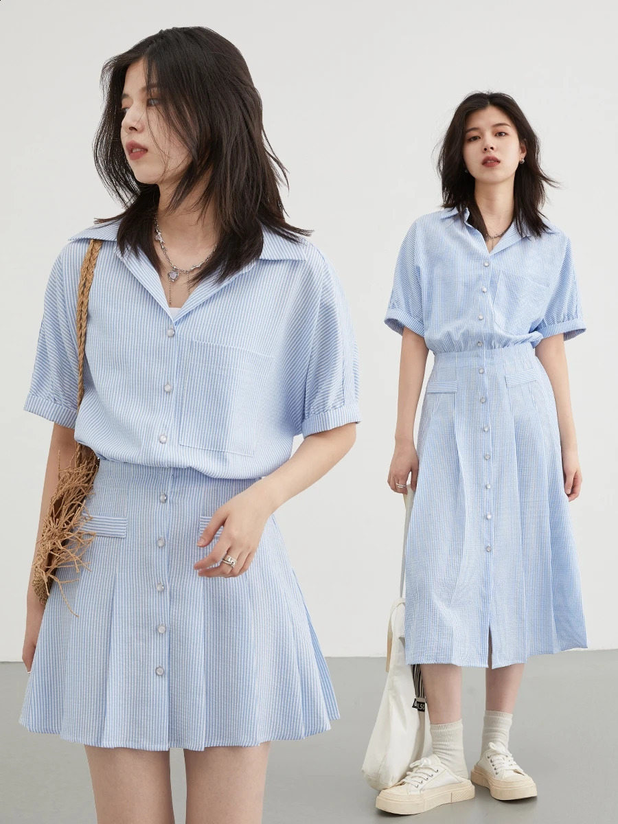 CHIC VEN Korean Pleated Shirt Dress Short Sleeve Dresses Striped Women Loose Slim Dress A Line Women Clothing Summer 240824