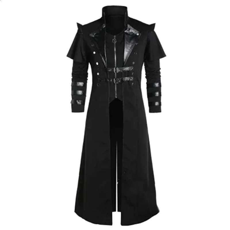 Retro Halloween Medieval Steampunk Elf Pirate Costume Adult Black Long Split Jacket Gothic Armor Leather 240823