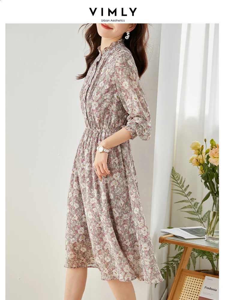 Vimly Elegant Vintage Chiffon Dresses for Women Elastic Waist Ruffled Collar Long Sleeve Midi Party Print Floral Dress 240824