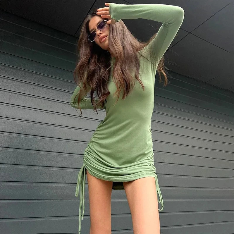 Y2k Summer Fashion Sexy Party Vestidos Ruched O Neck Long Sleeve Bodycon Dress Women Drawstring Bandage Mini Dresses 240823