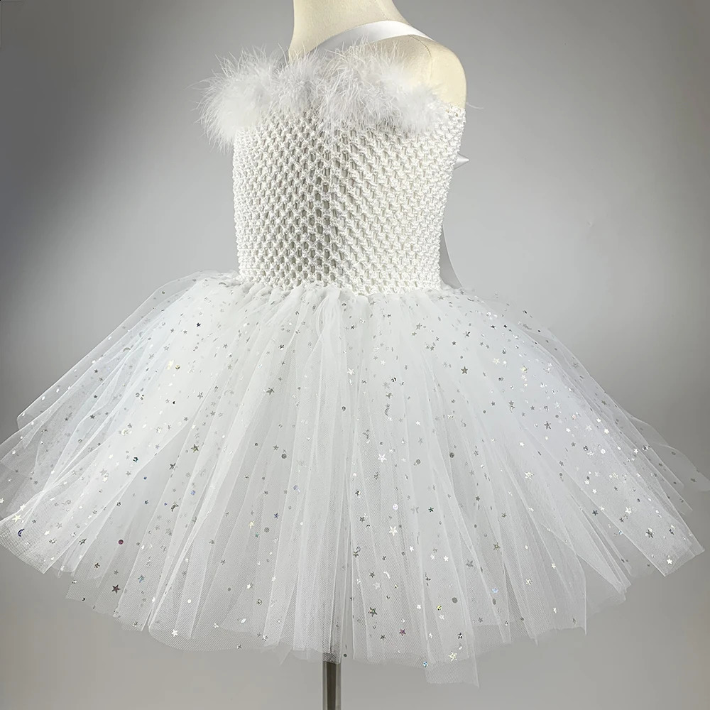 Sparkling angel dress childrens Christmas fairy costume white chiffon princess birthday party 240823