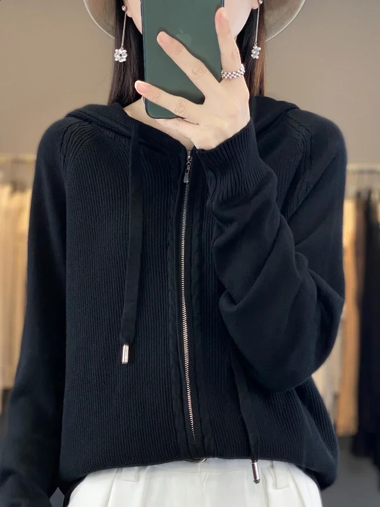 Spring/Summer Hooded Cardigan Womens Versatile Knitted Top Loose Sweater Casual Solid Color Double Zipper Cardigan Top F505 240824
