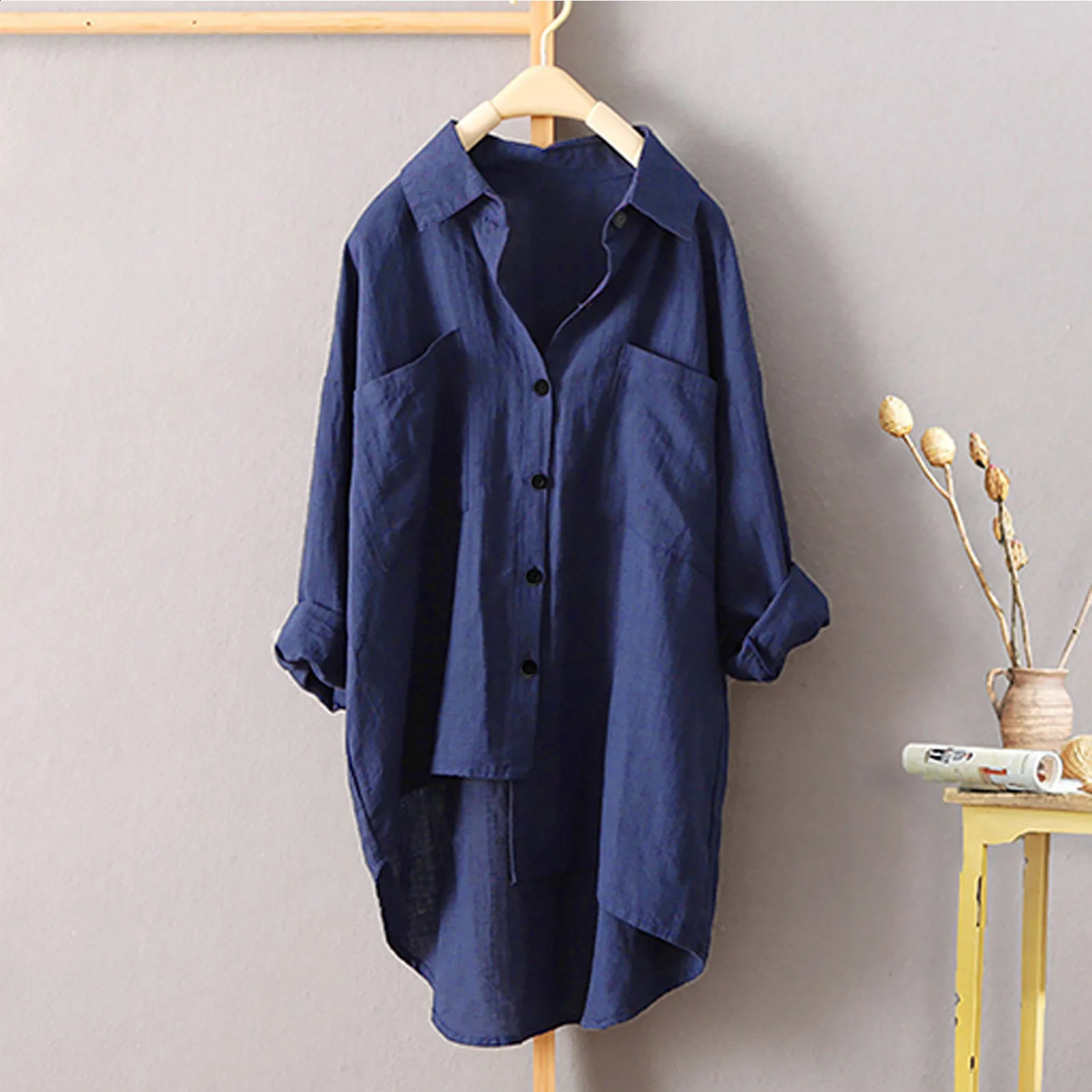 Solid Cotton Linen Blouse Soft Sun protection Shirts Tops V-neck Plus Size Blouse Women Shirts Blouse Long Sleeve 1PC 240823