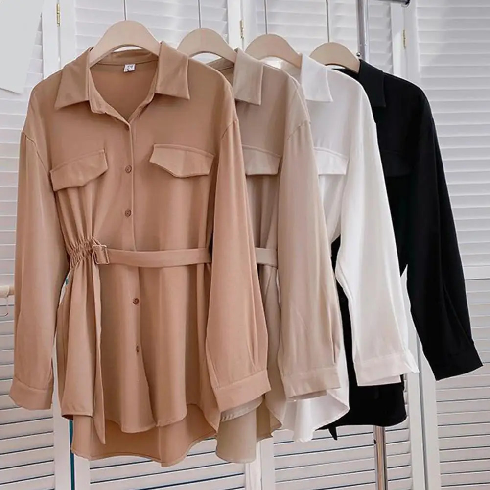 Women Shirt Lapel Long Sleeves Buttons Placket Flap Pocket Women Shirt Pleated Elastic Waist Belt All-Match Shirt camisas 240823