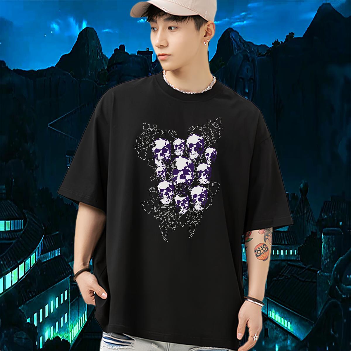 High Quality Man T Shirts 230g Pure Cotton skull Street White Plus Size Round Neck Short Sleeve Tshirt for Man Woman Fashion New Tops Shirt