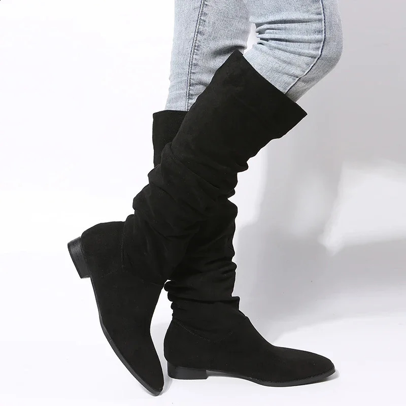 JF Fashion Wrinkled Womens Knee High Boots Low Boots Womens Dot Toe Knight Boots High Quality Long Boots 240823
