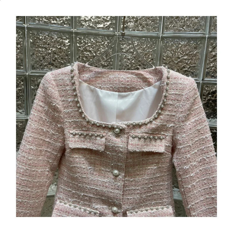 Long-sleeved Elegant Dress Party Women Spring Autumn Square Collar Nail Bead Tweed Sweet Korea High Quality Pink Mini Dresses 240824