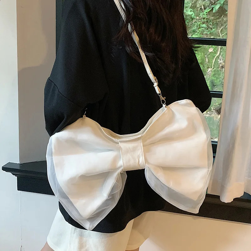 Summer Girl Handbags Fashion Cute Black White Green Chiffon Big Bow Shoulder Crossbody Bag For Women Daily Shopping Handbag 240823
