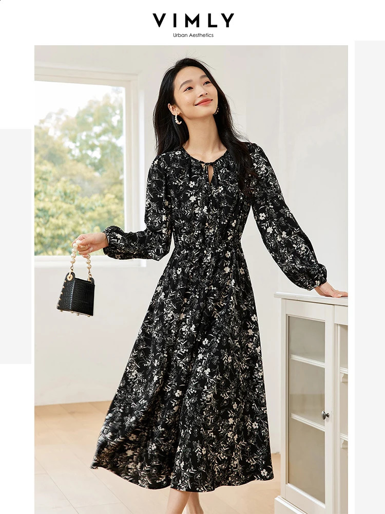 VIMLY Womens Elegant Long Sleeve Floral Print V-neck Casual Dress A-Line Knee-Length Elastic Waist Spring Autumn A-Line Dress 240824