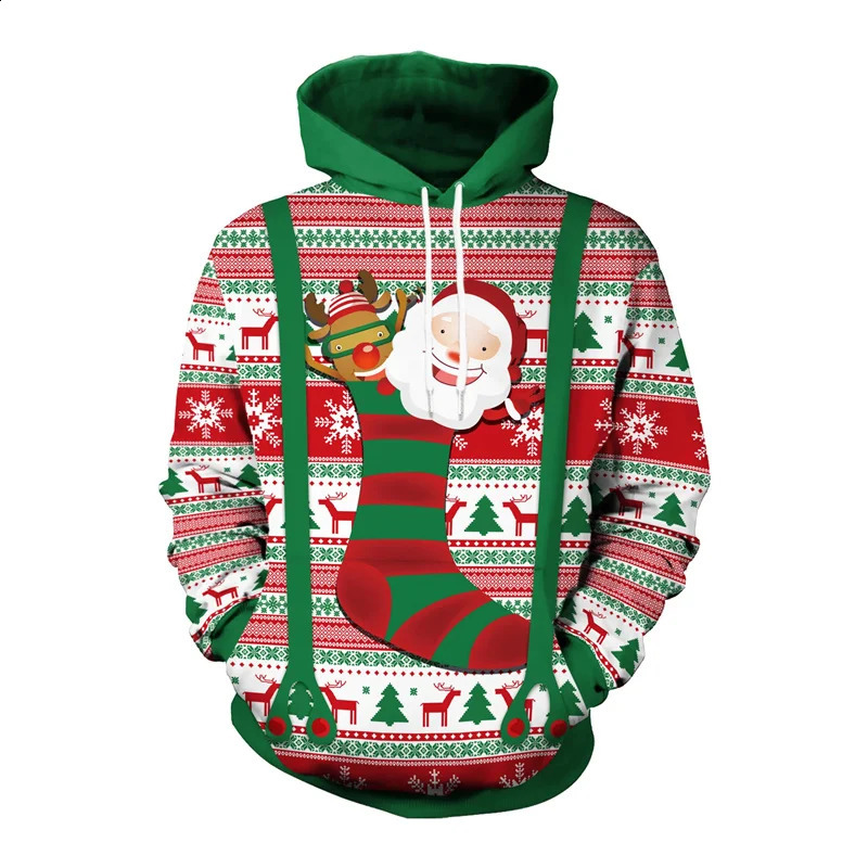 Funny Christmas Gifts 3D Printed Hoodies For Men Clothes Fashion Elk Sock Santa Claus Graphic Sweatshirts Casual Tracksuit Tops 240823