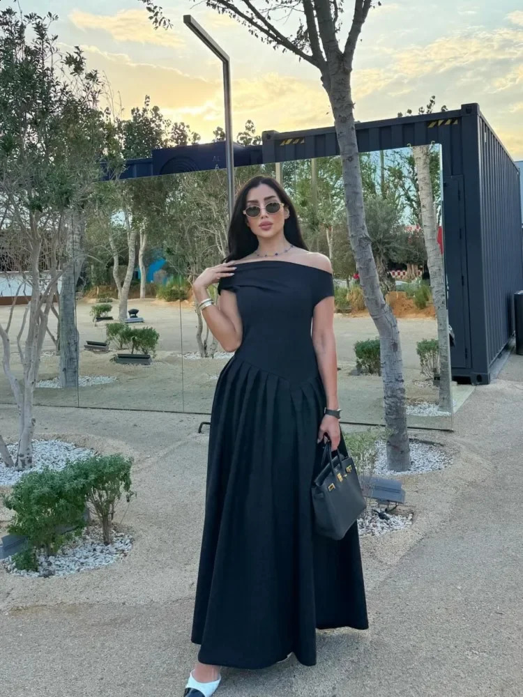 Elegant Solid Pleated Hem Women A-line Dress Fashion Asymmetry Half High Collar Short Sleeve Maxi Dress Lady Chic Party Robes 240813
