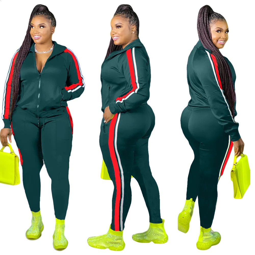L-4XL Sport large plus size two piece set women clothing Splicing zip long sleeve top and pants suit Wholesale dropshopping 240823