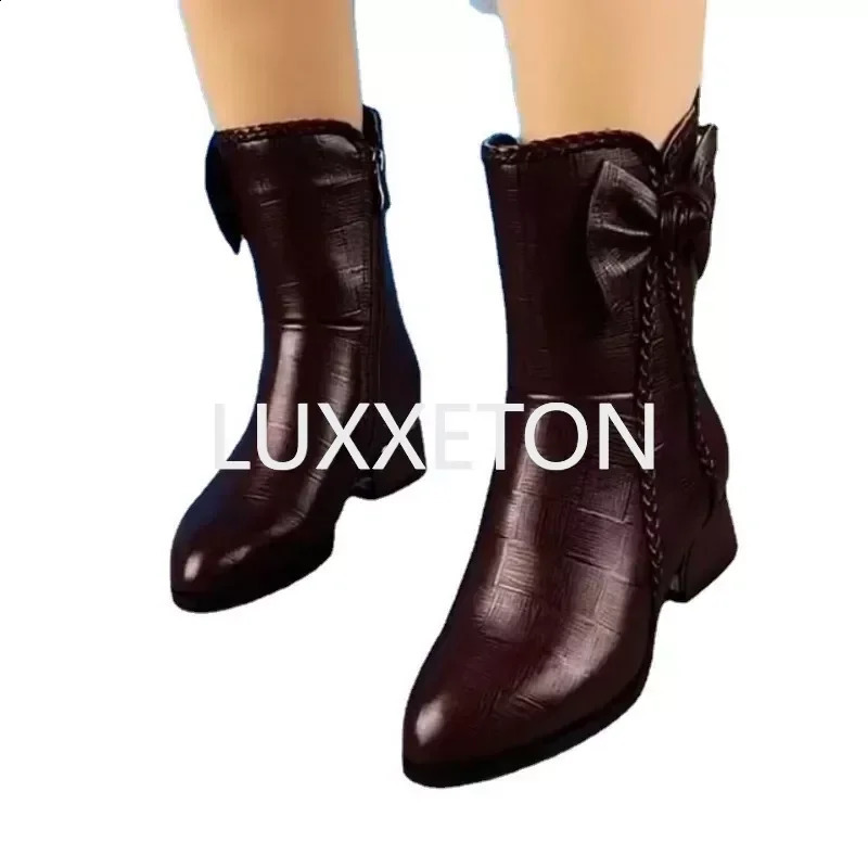 Winter Plush Warm Bow Round Head Leather Fashion Boots 240823