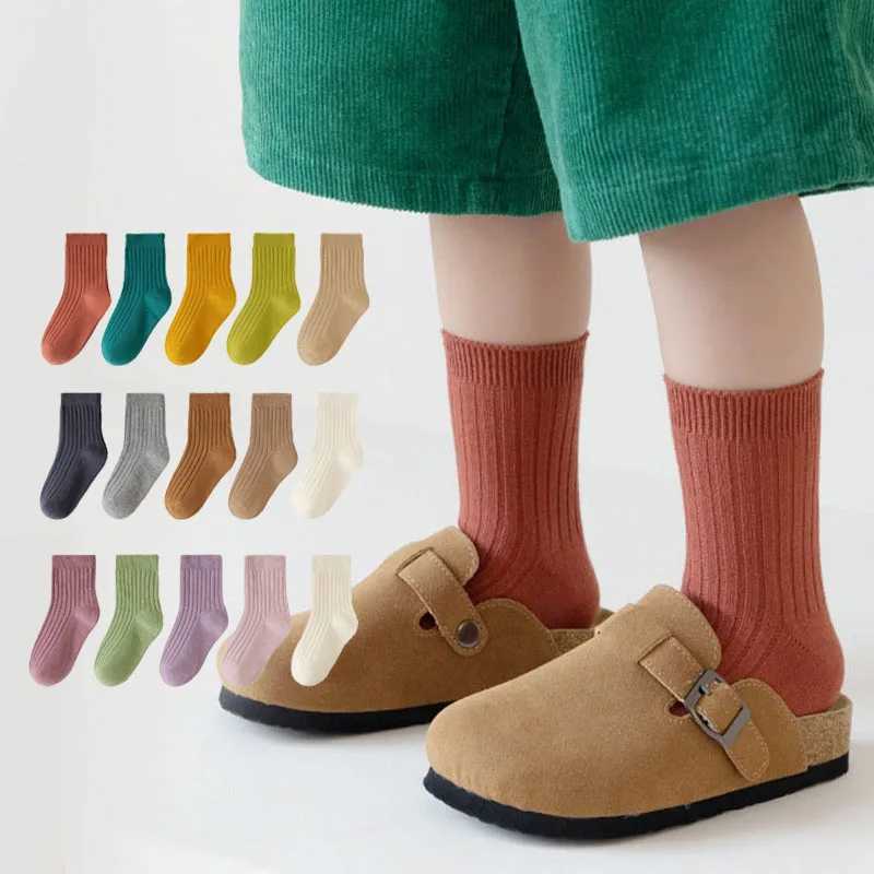 5 Pairs/Lot ChildrenS Socks Set Solid Color Double Needle Cotton Kids Mid-Tube Socks Candy Color Boys And Girls Student Socks CL240824