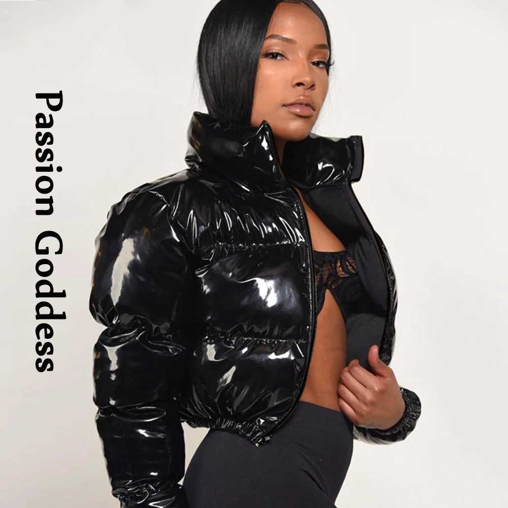 Women's Down Parkas Winter Women Cute Shiny PU Leather Puffer Jacket Warm Thick Bubble Coats Bright Leather Parkas Down Red PU Zipper Cropped Puf