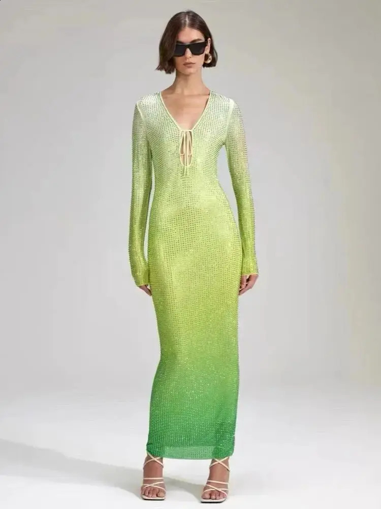 Women Sexy Mesh Rhinestone Crystal Diamonds Stretched Gradient Cut Out Ankle Length Long Party Dress Vestido 240823