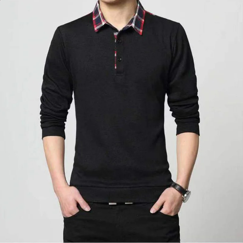 Spring Autumn Korean Business Casual Long Sleeve Polo Shirt Mens Lapel Print Button Patchwork Screw Thread Loose Cotton Tops 240824