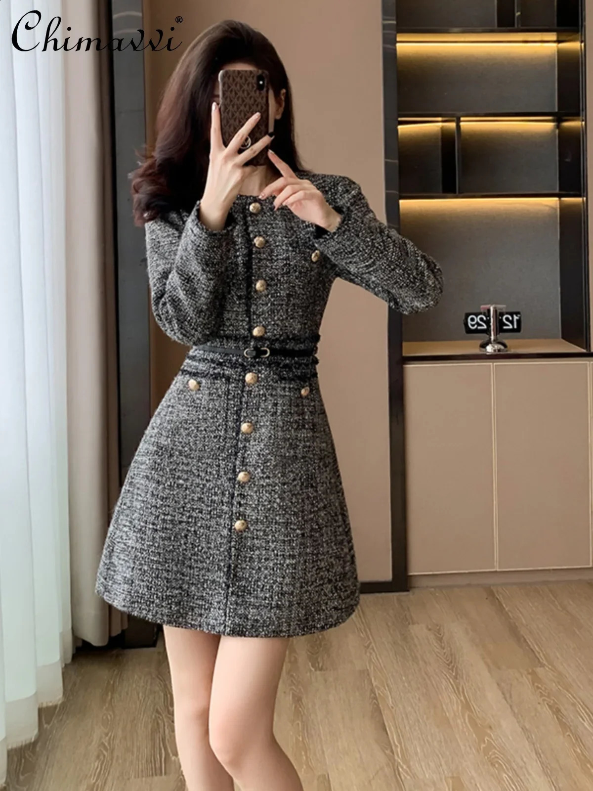 Gray Long-sleeved Dress Womens Spring and Autumn High-end Fashion Office Lady Elegant High Waist Slim-fit Short Tweed Dress 240824
