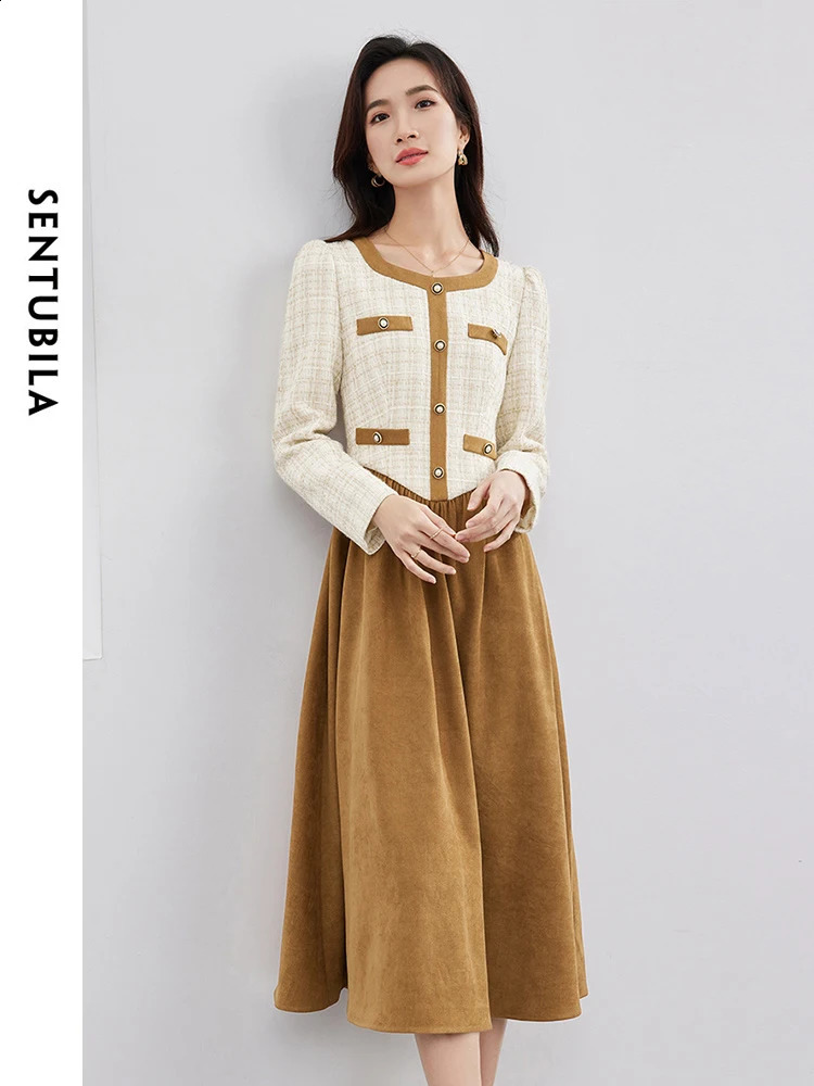 SENTUBILA Contrast Square Collar Straight Midi Dresses Spring Woman Elegant Long Sleeve Tweed Dress Clothes 134L52473 240824