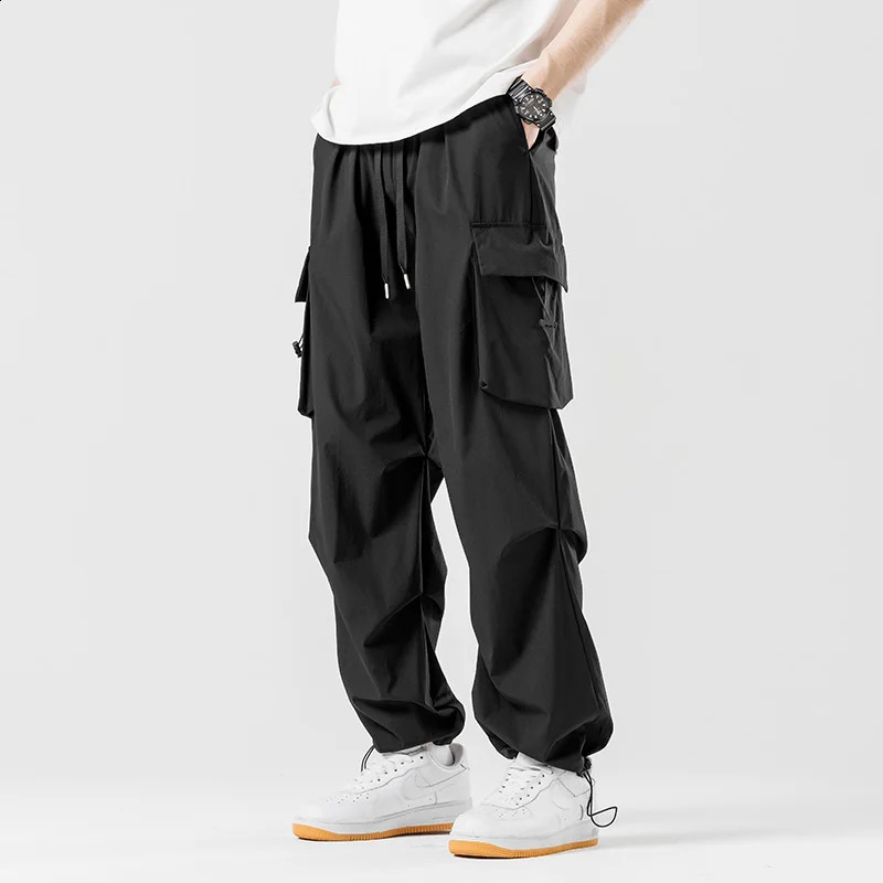 SpringSummer Mens Solid Color Drawback Elastic Waist Sports Neutral Outdoor Straight Leg Casual Cargo Pants 240823