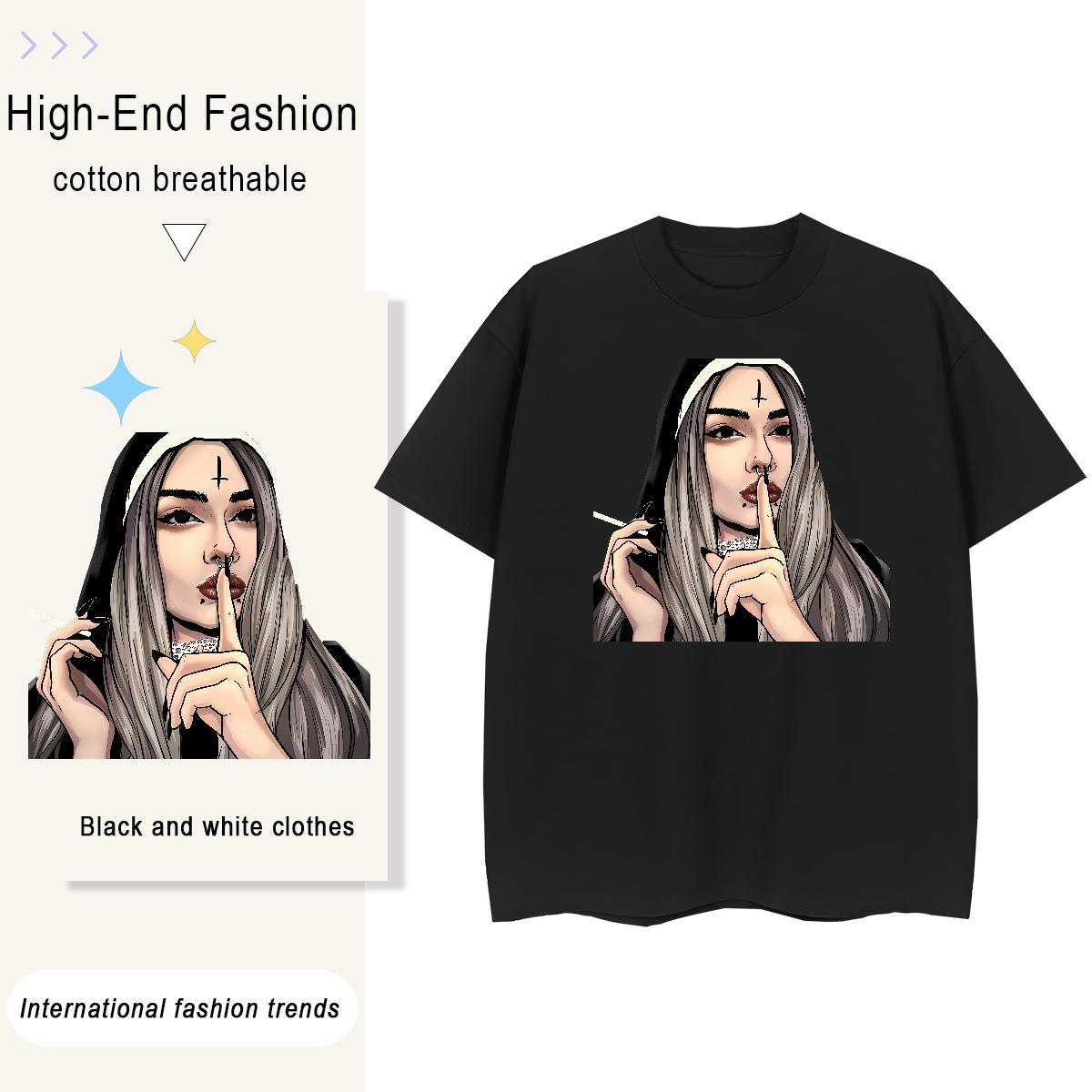 Lady Women Tees 230g Cotton nun Casual Sport T Shirts Women Short Sleeve O-Neck Cartoon Floral Printing Clothes