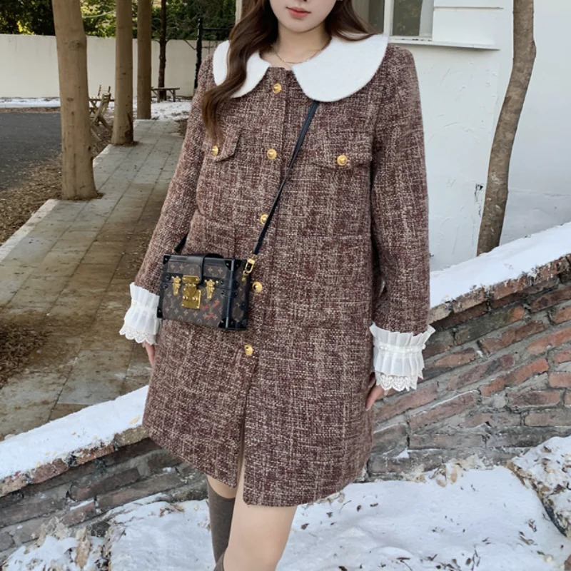 Tweed Doll Collar Loose Patchwork Dress Women Small Fragrance Thick Warm Elegant Chic Fashion French Female Long Sleeve Dress 240824