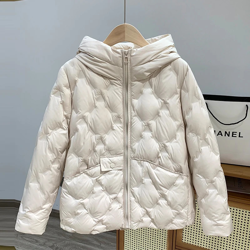 Janveny Winter Hooded Loose Pressure Adhesive Inflatable Jacket for Women Warm Ultra Soft 90% White Duck Down Short Coat 240823