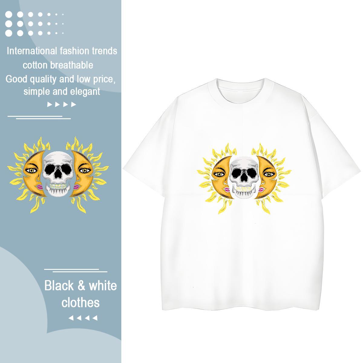 Popular T shirt 100% Cotton 230g skull Street wear Hip Hop Graphic O Neck Short Sleeves Tshirt for Man Woman Fashion Design Tops Shirt