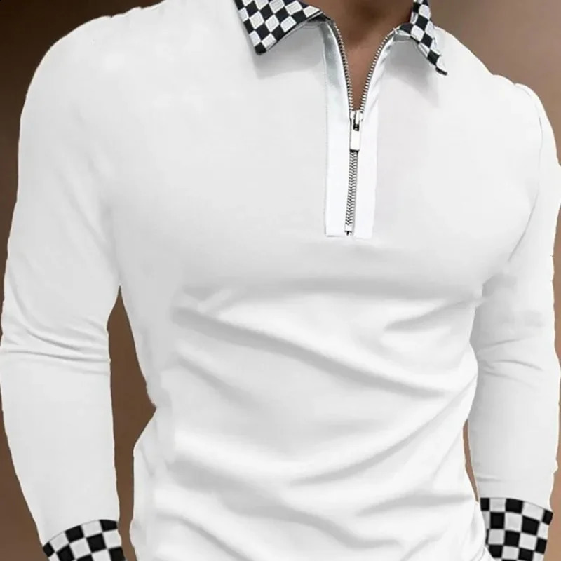 Spring And Autumn Mens Zipper Panel Polo Collar Printed Plaid Loose T-shirt Long Sleeve Polo Shirt Mens 240824