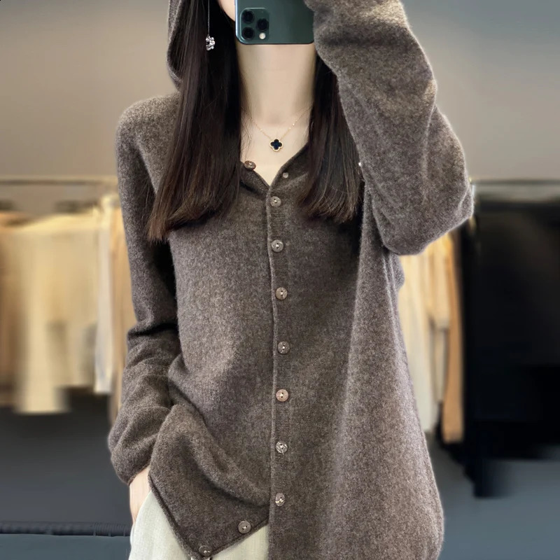 Merino wool Cardigan hat Fall/winter cashmere sweater womens o collar 100% wool warm bottom knit shirt top 240824