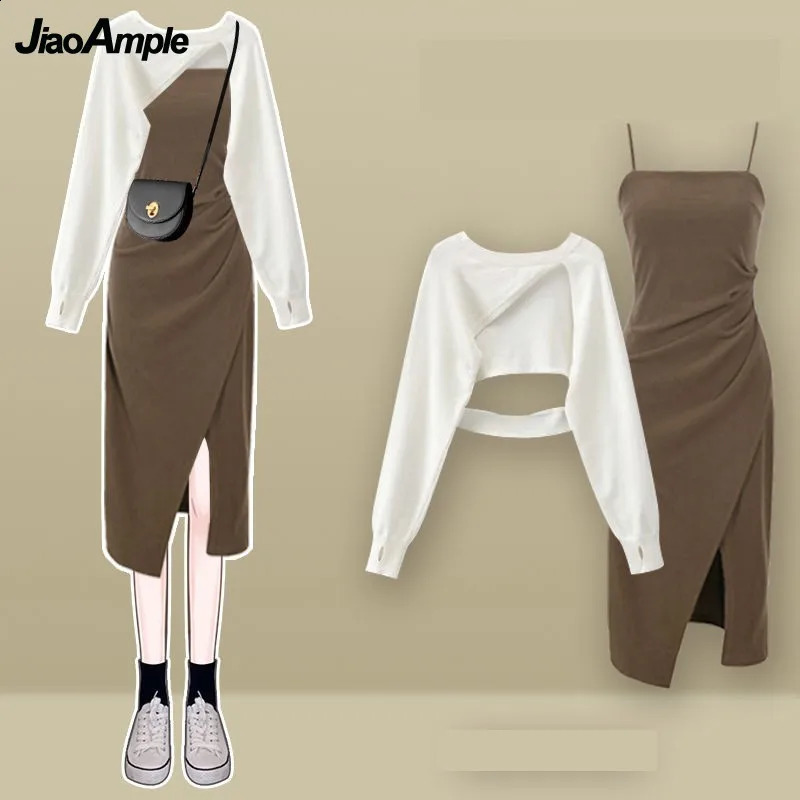 Womens fashion cut-out sweatersuspender Skirt two-piece set Korean Elegant in Matching Set Spring Summer Dress Suit 240823