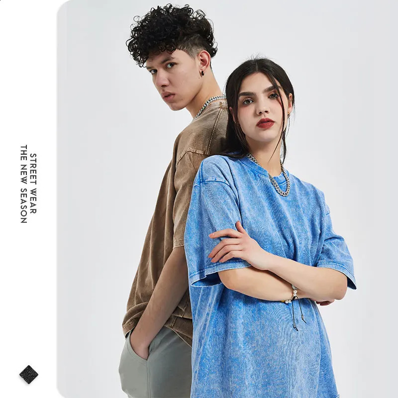 Solid color retro washed Tshirt street clothing oversized solid short sleeved Rerto top mens 100% pure cotton 240823