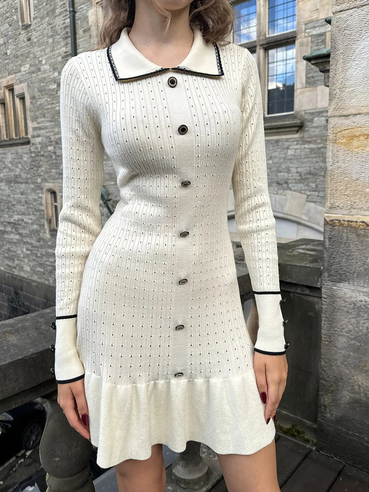 Fantoye Knitted Turn-down Collar Button Women Dress White Long Sleeve High Waist Dress Female Autumn Slim Casual Party Clubwear 240824