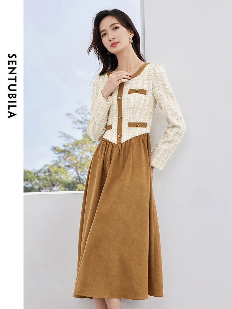 SENTUBILA Contrast Square Collar Straight Midi Dresses Spring Woman Elegant Long Sleeve Tweed Dress Clothes 134L52473 240824