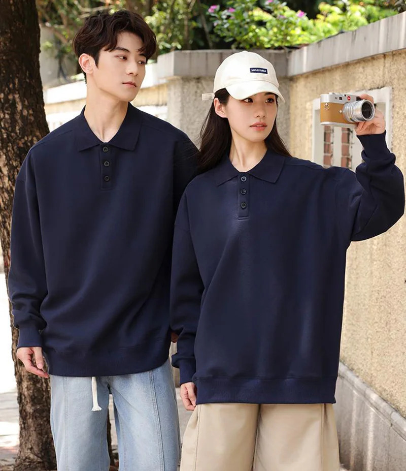Long Sleeve Buttons Polo Shirt Solid Color American and European Size Loose Pattern Sweatshirt Polo Collar Jumpers Rib Cuff Tops 240824