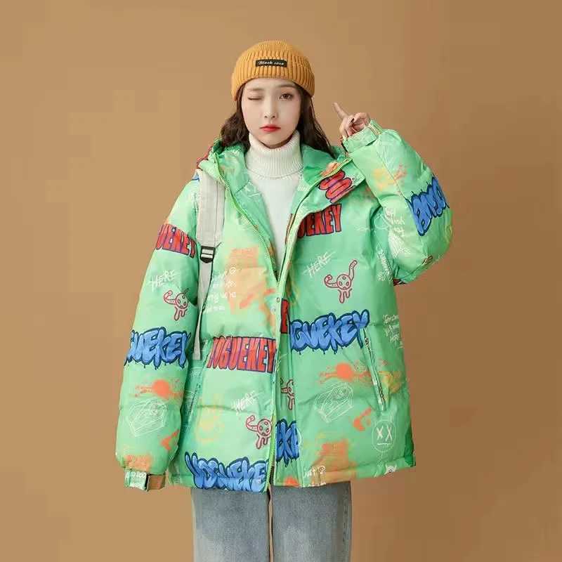 Women's Down Parkas Fashion Y2K T-shirt Printed Hooded Puff Jacket Womens Kavay Cartoon Casual Zipper Jacket Womens Winter Thick Warm Jacket Y240