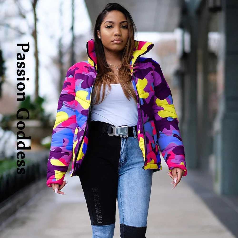 Women's Down Parkas Winter Fashion Women Camouflage Puffer Jacket Cool Warm Zipper Bubble Coats Stand Collar Parkas Down Camo Jacket Outcoat 3XL 