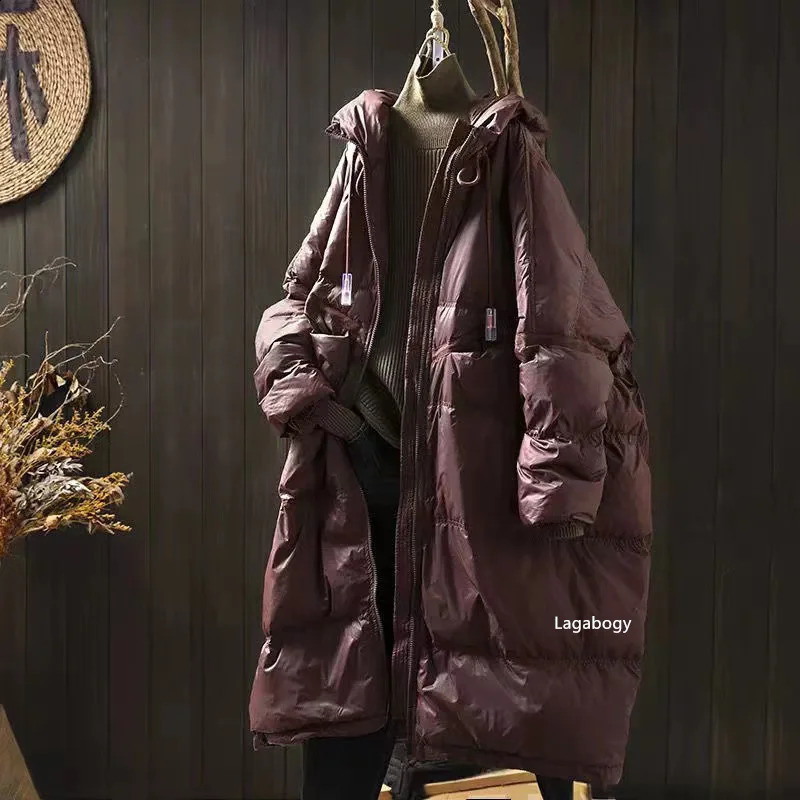 Lagabogy Winter Women Oversize Long Puffer Coat Female Thick Warm White Duck Down Jacket Hooded Loose Parkas Outwear 251022