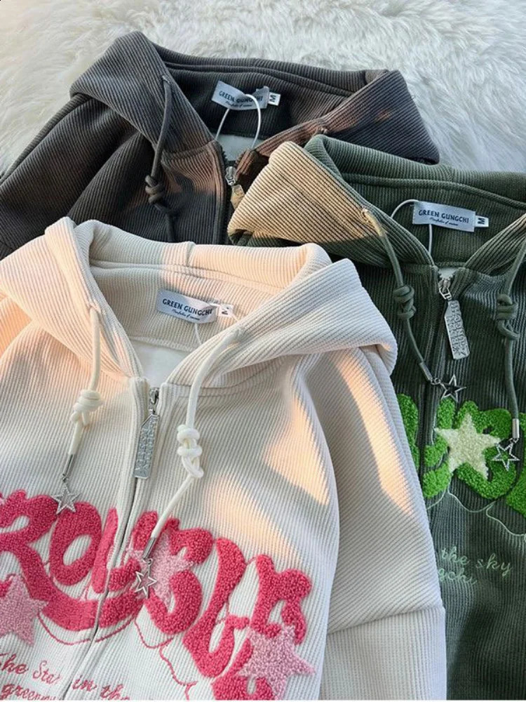 Vintage Streetwear Zip Up Tops Oversized Star Graphics Print Hoodies Women American Retro Graphic Hooded Sweatshirts 240824