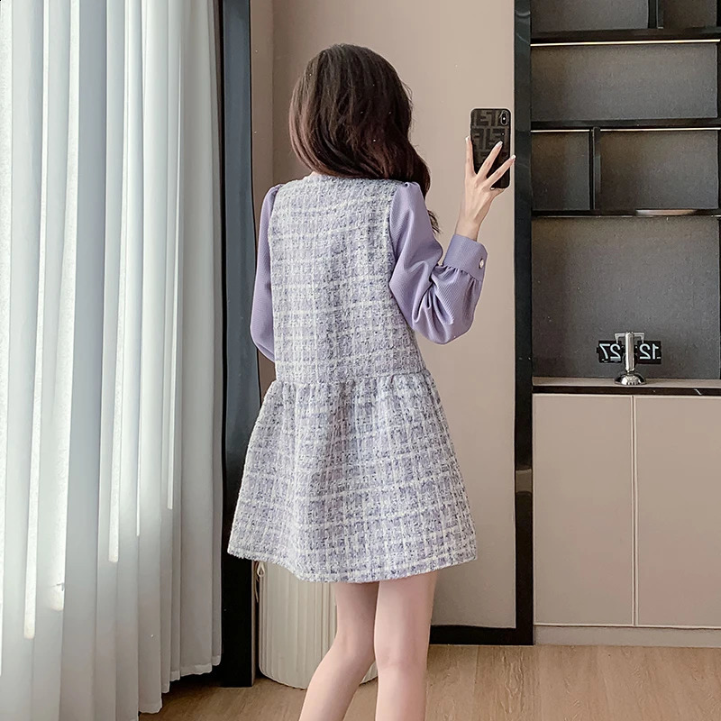 Purple Tweed Dress Women Small Fragrance Patchwork Long Sleeve High End A-line Mini Dresses Elegant Vestidos French Style 240824