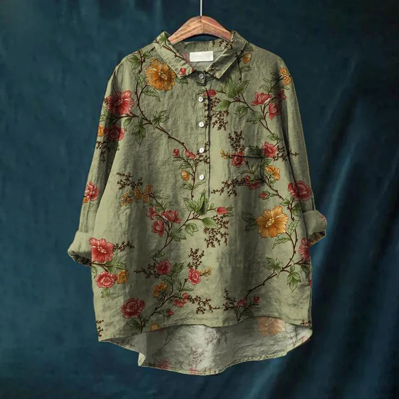 Summer Womens Casual Shirt Retro Floral Art Long Sleeve Pocket Hawaiian Style Printed Vneck Top 240823