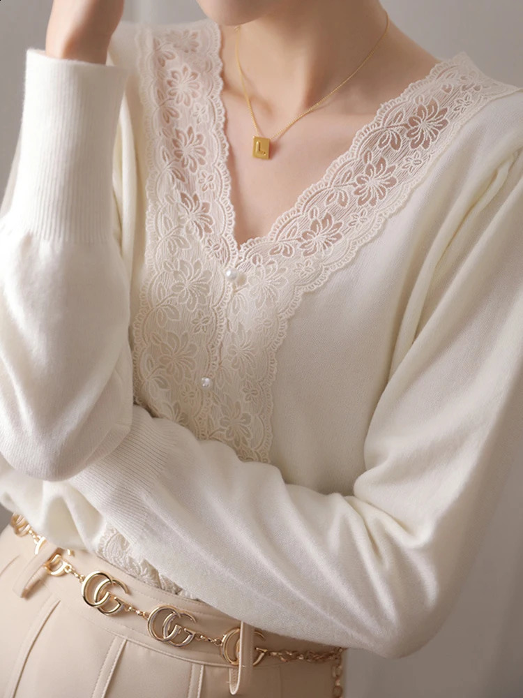 Autumn Sweater Women French Style Knitted Pullover Female Elegant V Neck Lace Knitwear Top Ladies Casual Slim Thin Sweaters 240824